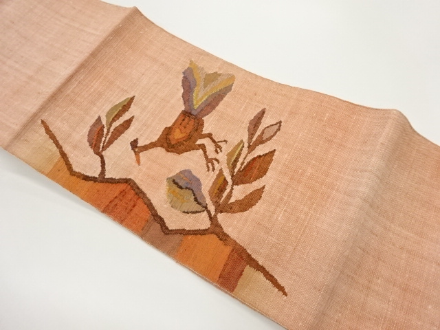 手織り真綿紬花鳥模様織出し名古屋帯